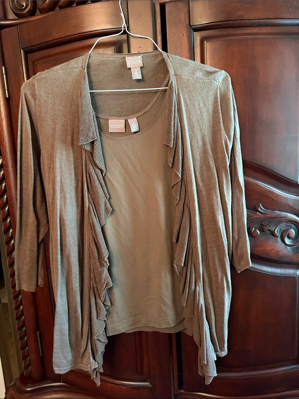 Chico's Taupe Open-Front Ruffle Cardigan